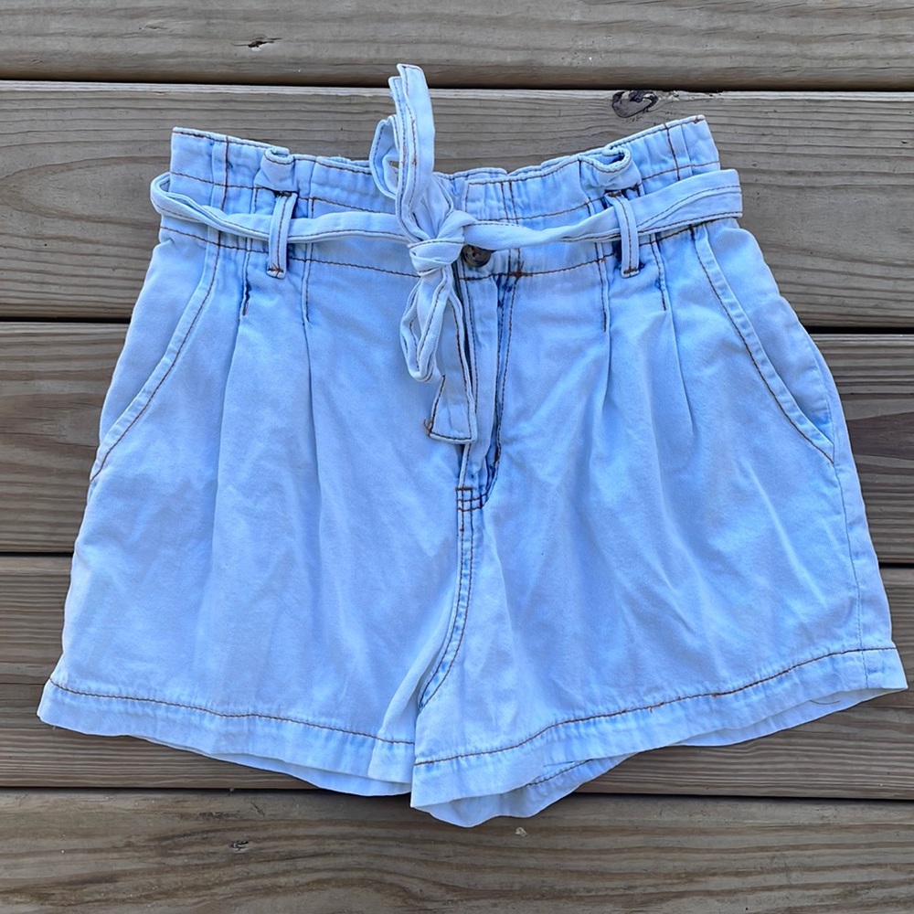 Acid Wash High-Rise Belted Paperbag Mom Shorts